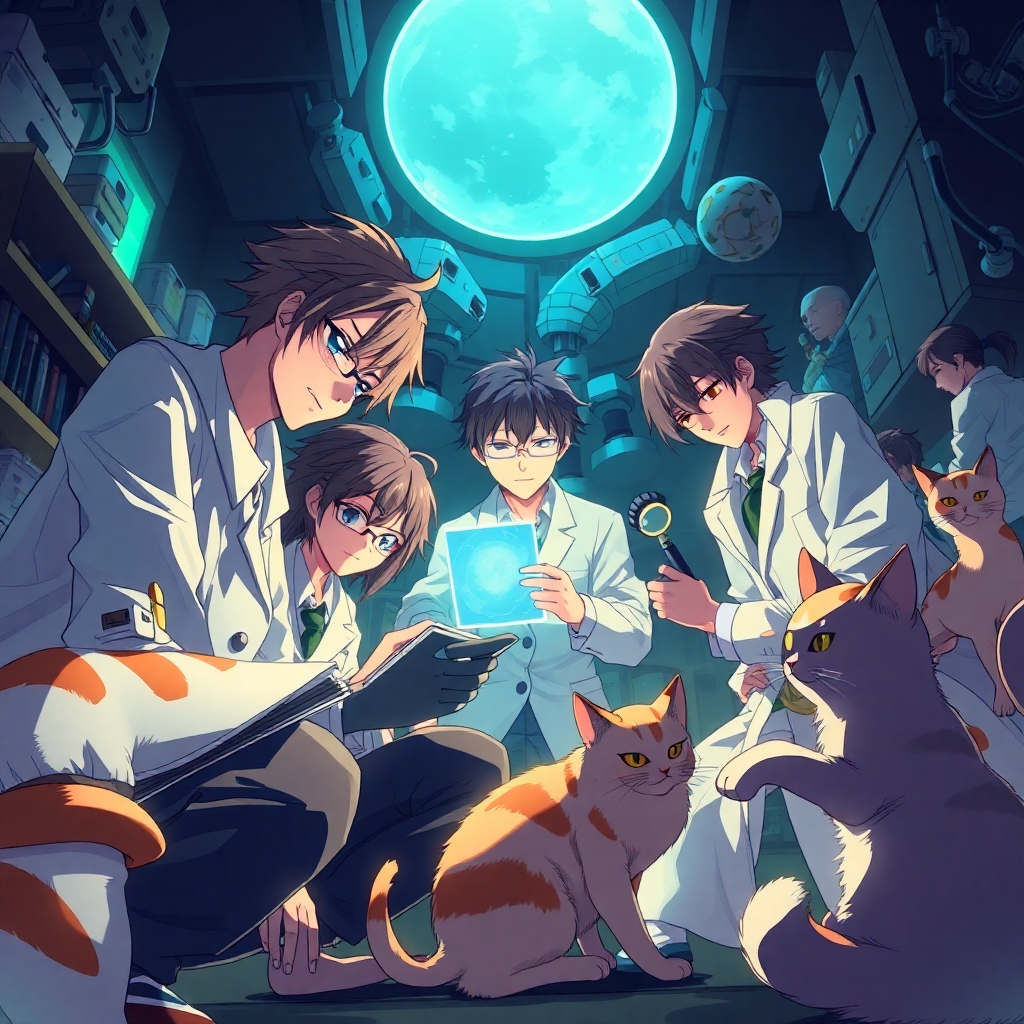 Isekai anime artwork showcasing a research scene with humans and cats. Bright, saturated colors pop against deep shadows under high-contrast low-key lighting. The style is energetic and expressive, emphasizing dramatic-1